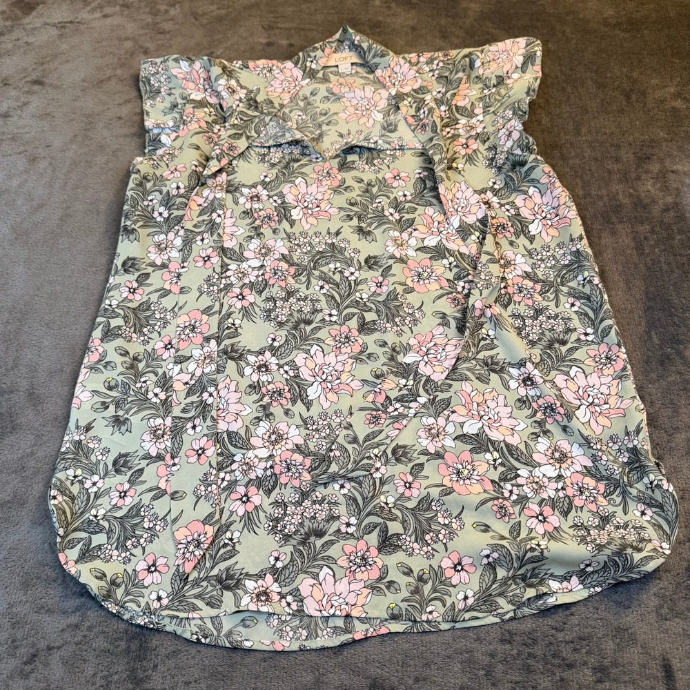 LOFT Green Floral Print Short Sleeve Collared Blouse Top Lightweight Women Small